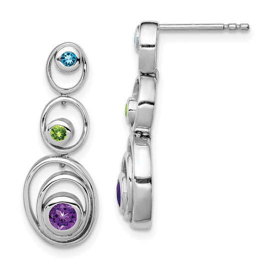 Rhodium-plated Sterling Silver Peridot Blue Topaz and Amethyst Earrings
