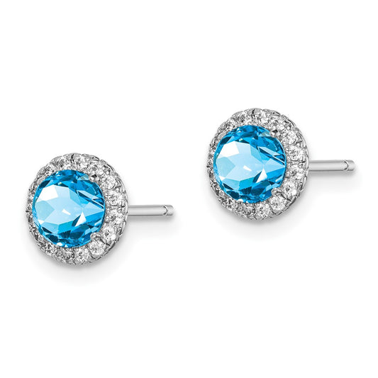 Rhodium-plated Sterling Silver Blue Topaz and CZ Post Earrings