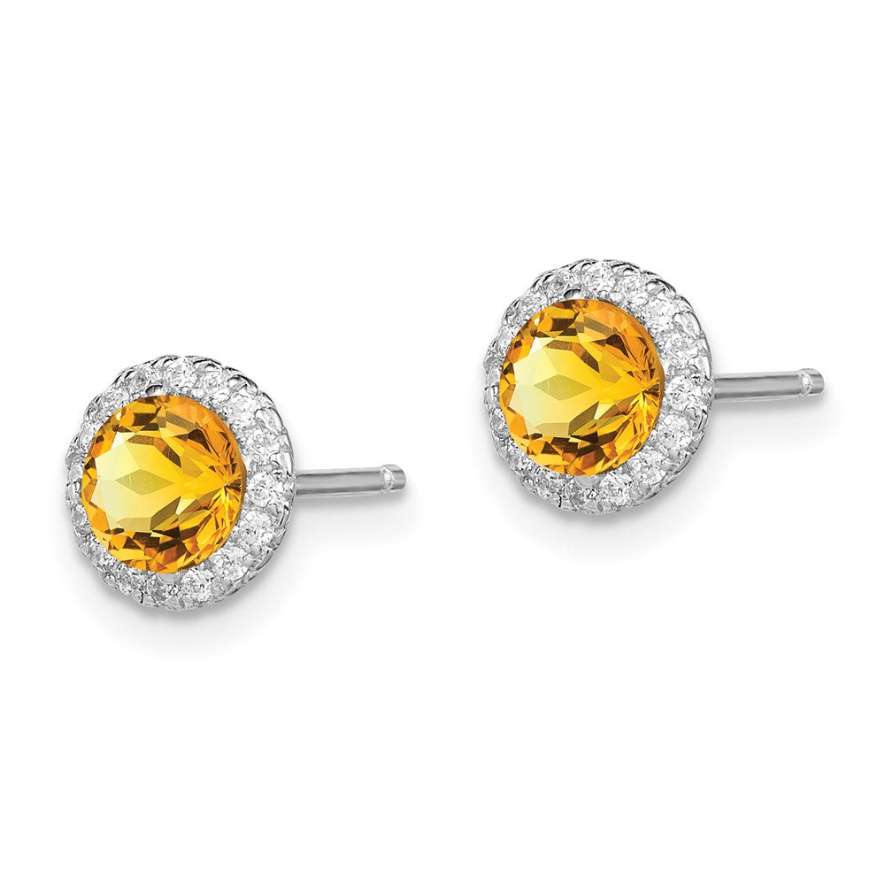 Rhodium-plated Sterling Silver Citrine and CZ Post Earrings