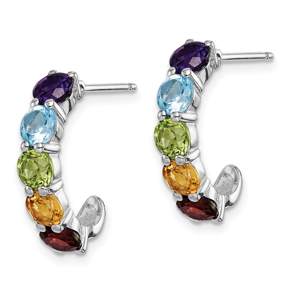 Rhodium-plated Sterling Silver Multi Gemstone J-Hoop Earrings