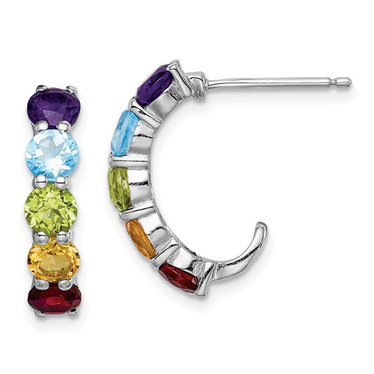 Rhodium-plated Sterling Silver Multi Gemstone J-Hoop Earrings