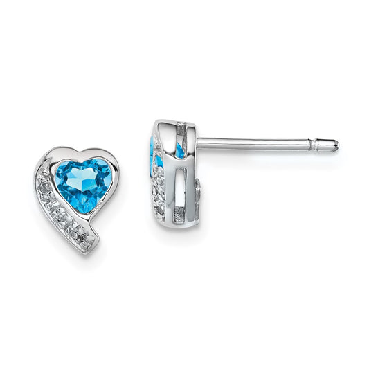 Rhodium-plated Sterling Silver Blue Topaz and Diamond Heart Earrings