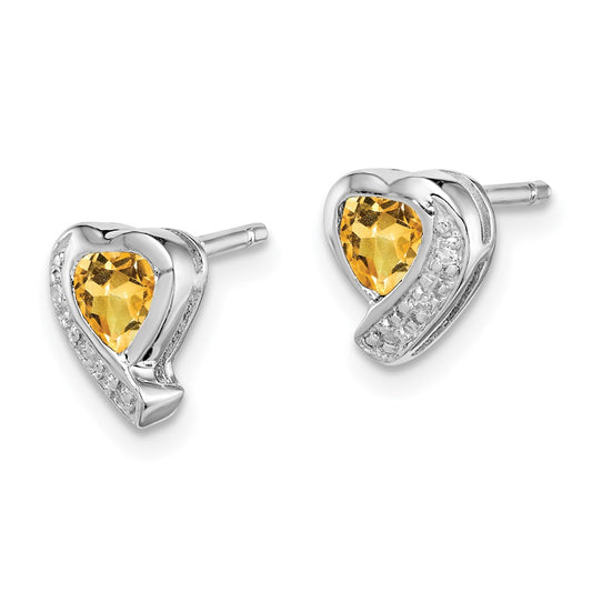 Rhodium-plated Sterling Silver Citrine and Diamond Heart Earrings