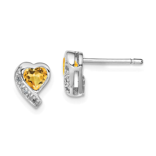 Rhodium-plated Sterling Silver Citrine and Diamond Heart Earrings