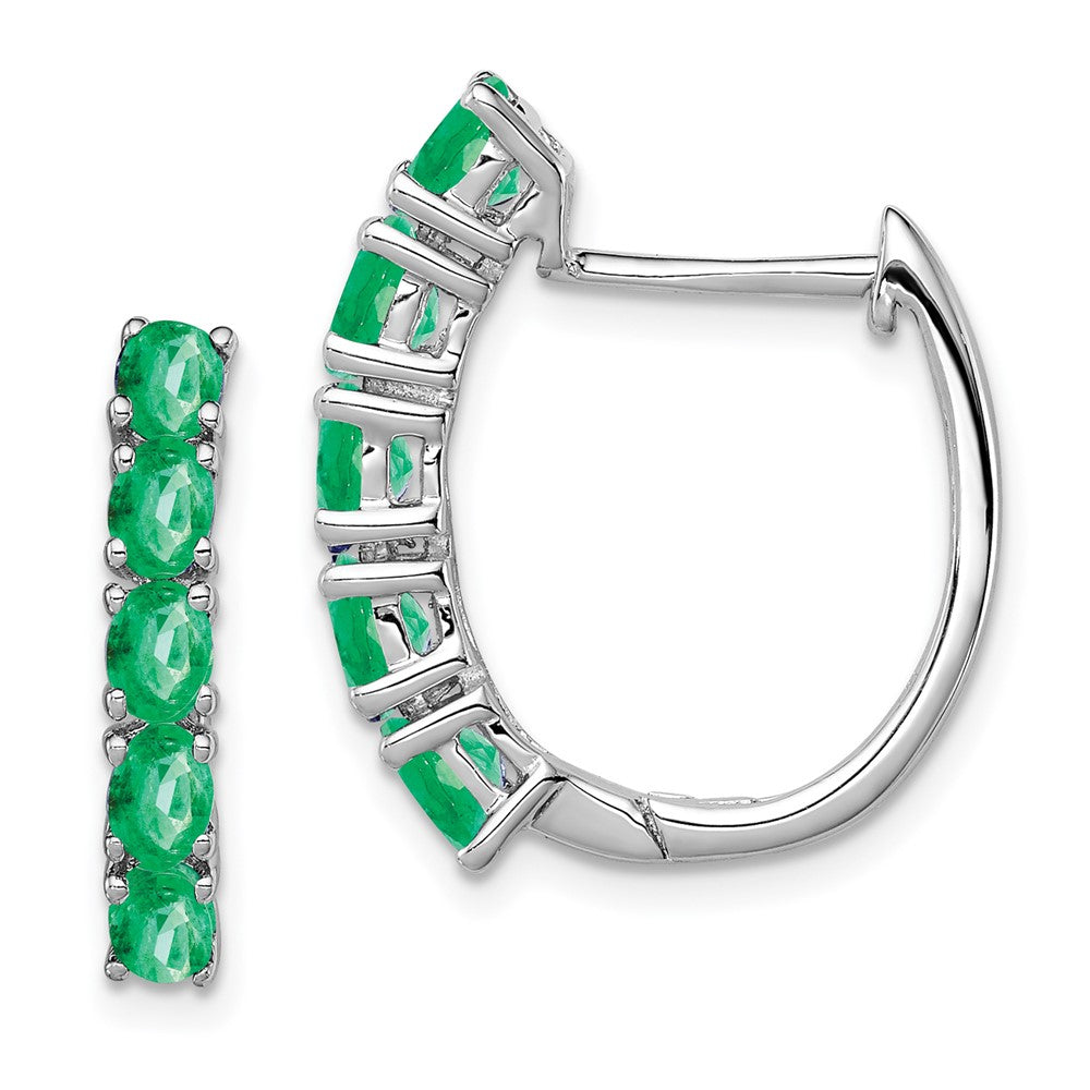 Rhodium-plated Sterling Silver Polished Emerald Hinged Hoop Earrings