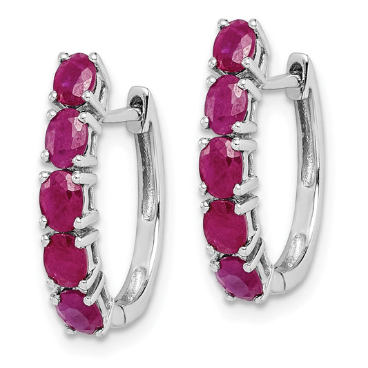 Rhodium-plated Sterling Silver Polished Ruby Hinged Hoop Earrings