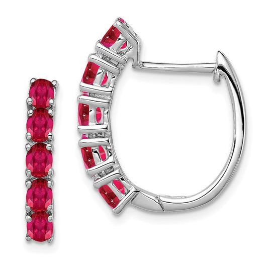 Rhodium-plated Sterling Silver Polished Ruby Hinged Hoop Earrings