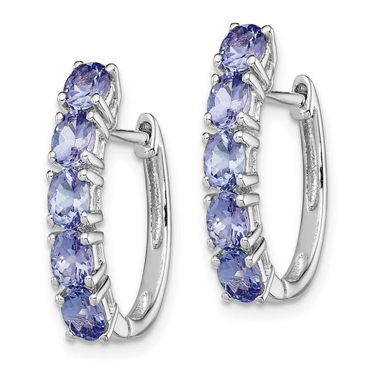 Rhodium-plated Sterling Silver Oval Tanzanite Hinged Hoop Earrings