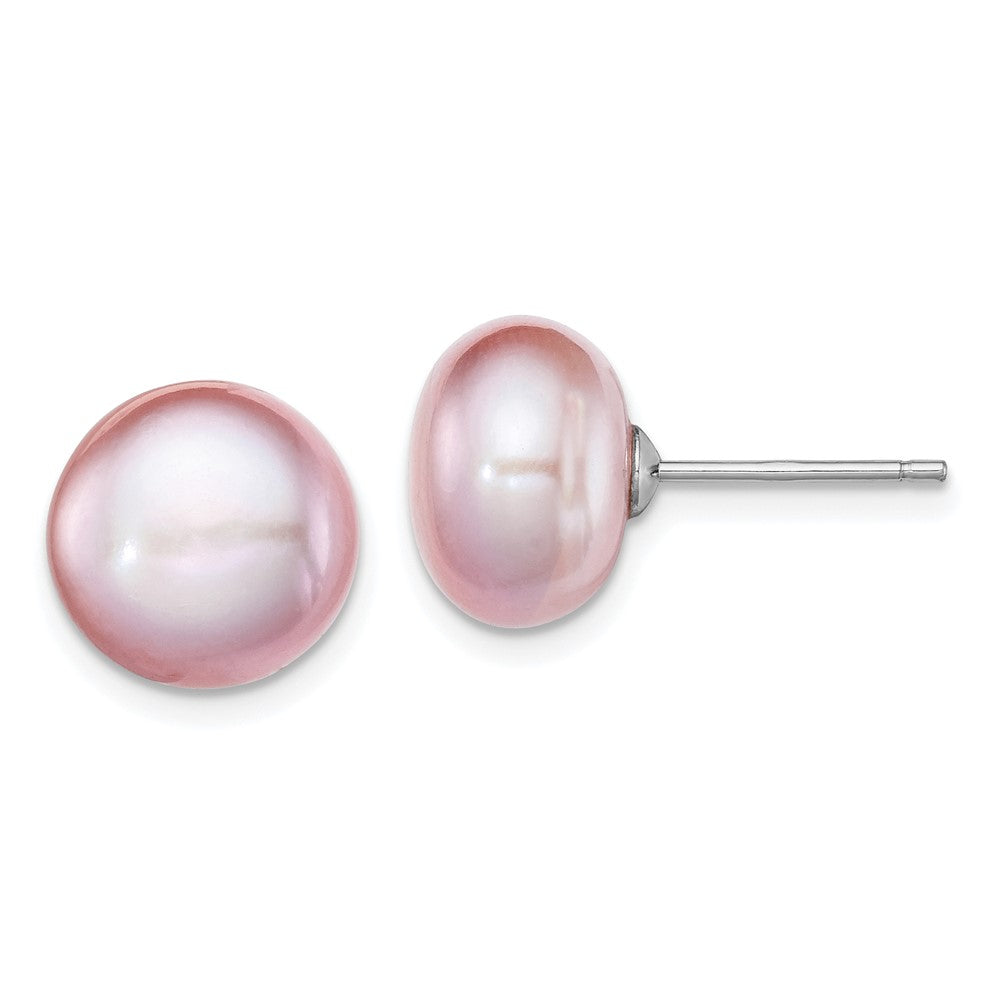 Rhodium-plated Silver 10-11mm Purple FWC Button Pearl Earrings