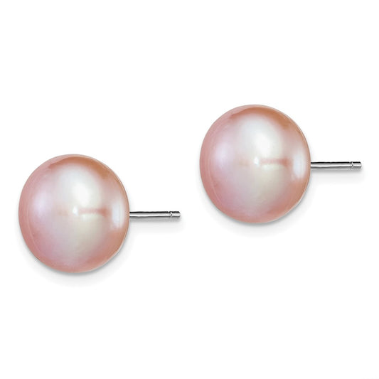 Rhodium-plated Silver 11-12mm Purple FWC Button Pearl Earrings