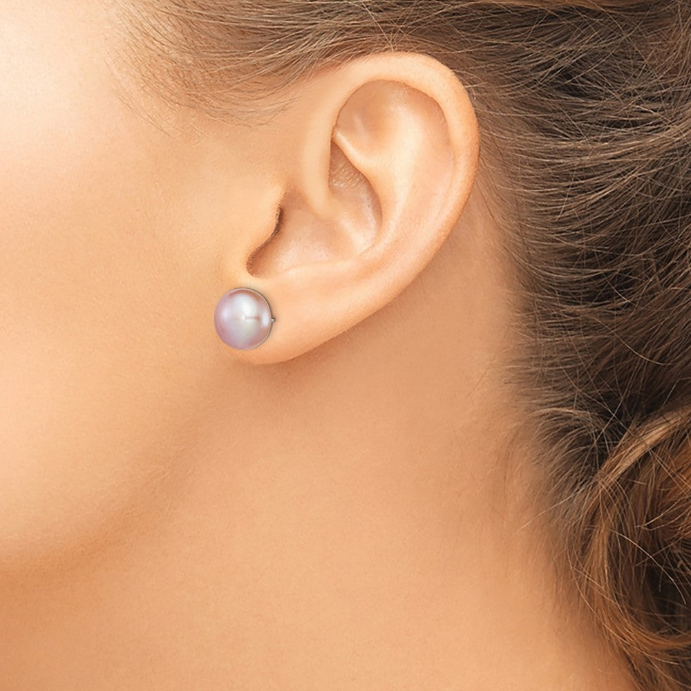 Rhodium-plated Silver 11-12mm Purple FWC Button Pearl Earrings