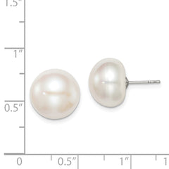 Rhodium-plated Silver 12-13mm White FWC Button Pearl Earrings