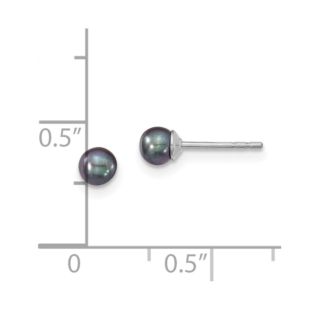 Sterling Silver 3-4mm RH Black FWC Round Pearl Stud Earrings