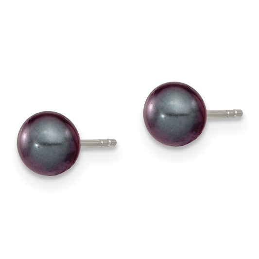 Rhodium-plated Silver 5-6mm Black FWC Round Pearl Stud Earrings