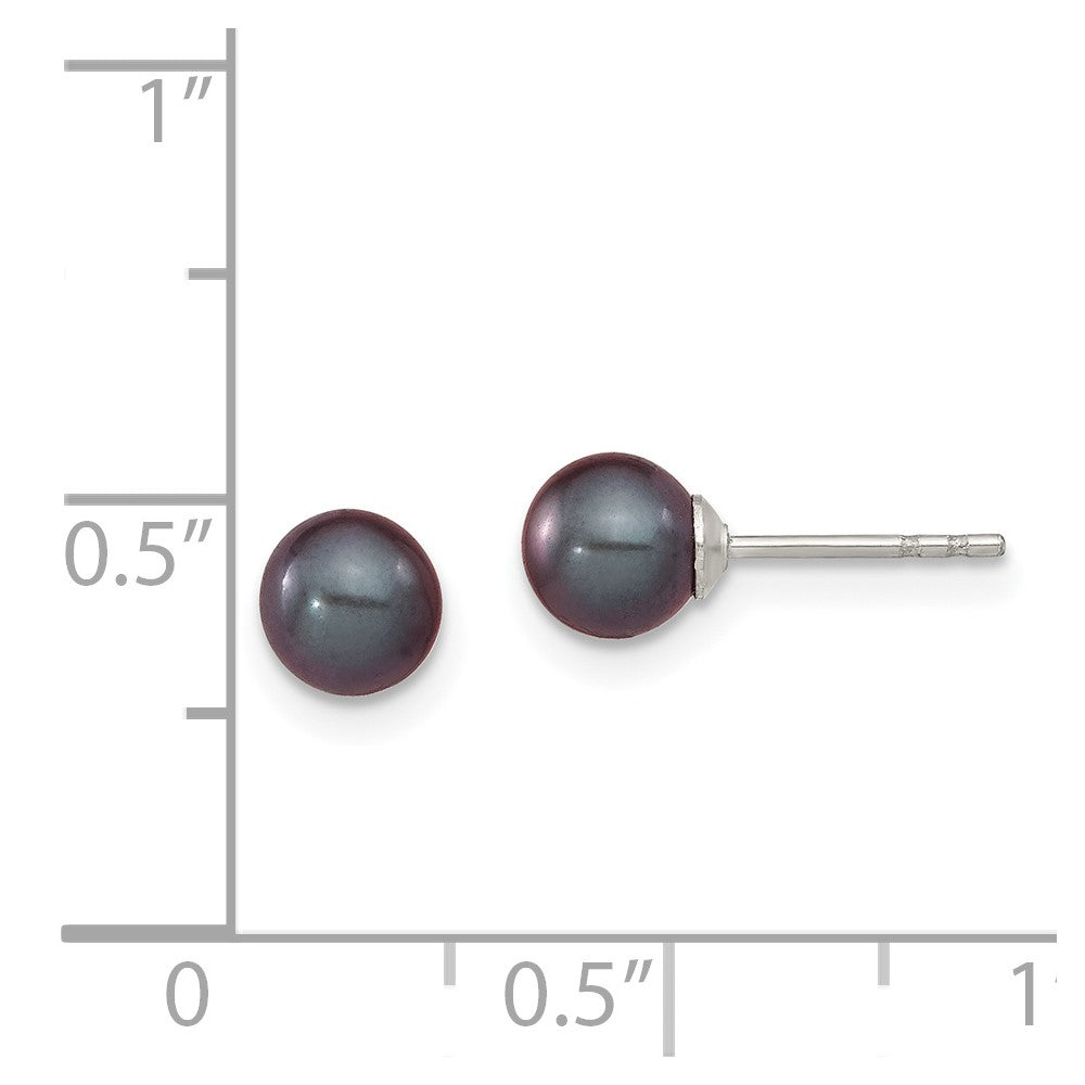 Rhodium-plated Silver 5-6mm Black FWC Round Pearl Stud Earrings