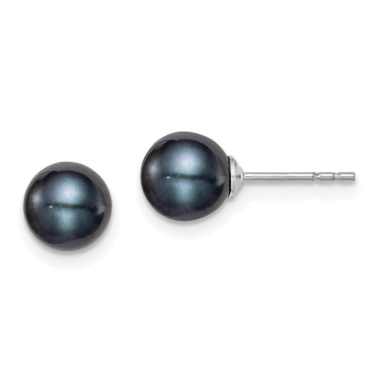 Rhodium-plated Silver 6-7mm Black FWC Round Pearl Stud Earrings