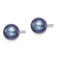 Rhodium-plated Silver 7-8mm Black FWC Round Pearl Stud Earrings