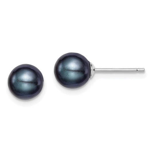 Rhodium-plated Silver 7-8mm Black FWC Round Pearl Stud Earrings