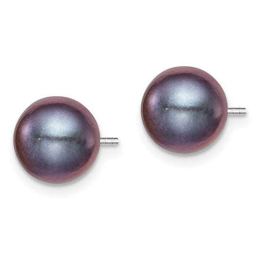 Rhodium-plated Silver 8-9mm Black FWC Round Pearl Stud Earrings