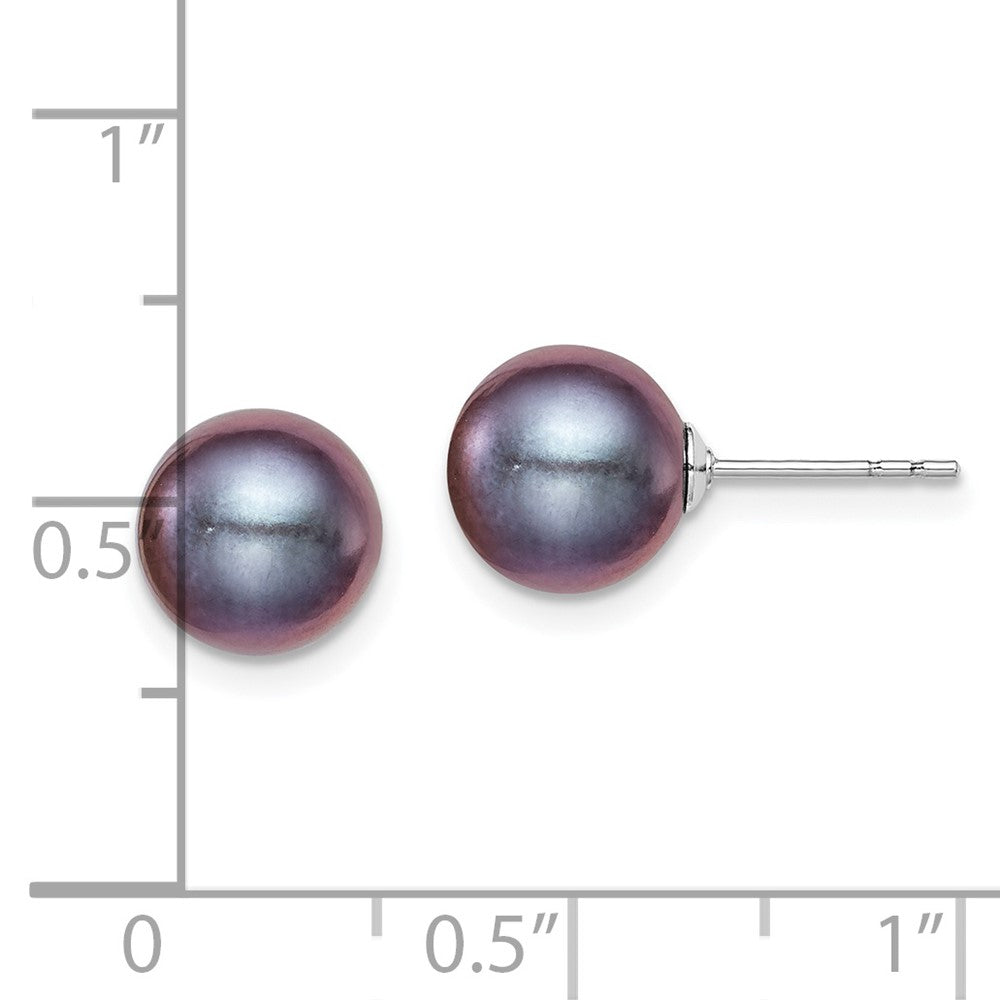 Rhodium-plated Silver 8-9mm Black FWC Round Pearl Stud Earrings