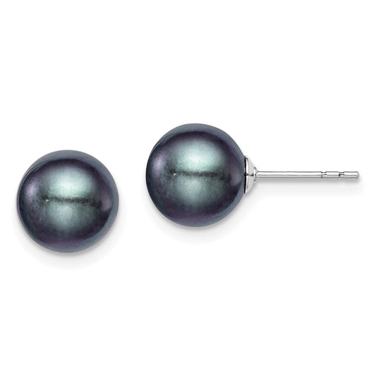 Rhodium-plated Silver 8-9mm Black FWC Round Pearl Stud Earrings