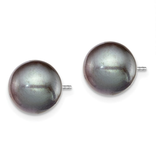 Rhodium-plated Silver 9-10mm Black FWC Round Pearl Stud Earrings