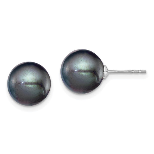 Rhodium-plated Silver 9-10mm Black FWC Round Pearl Stud Earrings