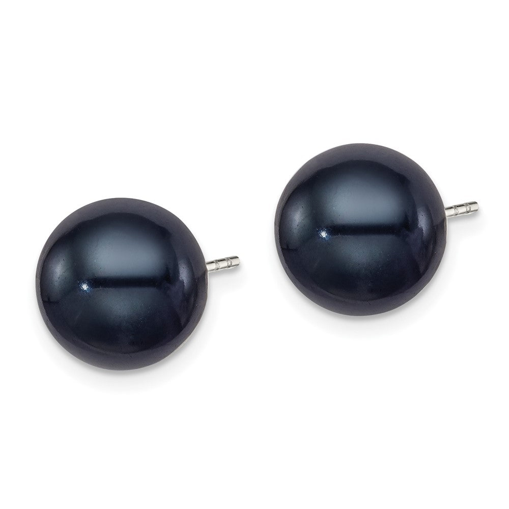 Rhodium-plated Silver 10-11mm Black FWC Round Pearl Earrings