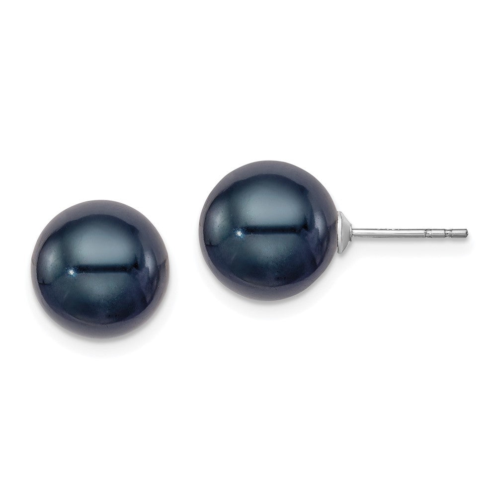 Rhodium-plated Silver 10-11mm Black FWC Round Pearl Earrings