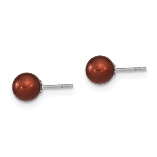 Rhodium-plated Silver 5-6mm Coffee FWC Round Pearl Stud Earrings