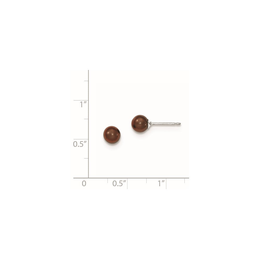 Rhodium-plated Silver 5-6mm Coffee FWC Round Pearl Stud Earrings