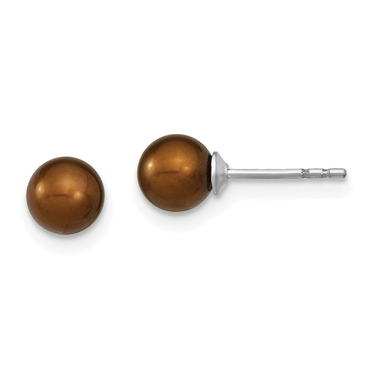 Rhodium-plated Silver 5-6mm Coffee FWC Round Pearl Stud Earrings