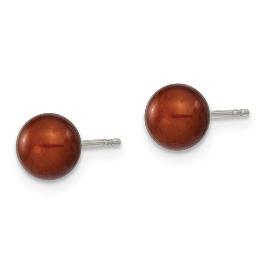 Rhodium-plated Silver 6-7mm Coffee FWC Round Pearl Stud Earrings