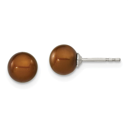 Rhodium-plated Silver 6-7mm Coffee FWC Round Pearl Stud Earrings