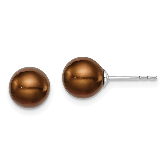 Rhodium-plated Silver 7-8mm Coffee FWC Round Pearl Stud Earrings