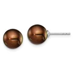 Rhodium-plated Silver 8-9mm Coffee FWC Round Pearl Stud Earrings