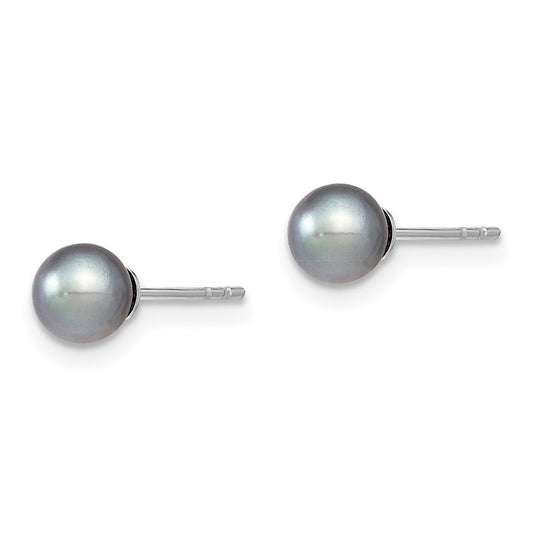 Rhodium-plated Sterling Silver 5-6mm Grey FWC Round Pearl Stud Earrings