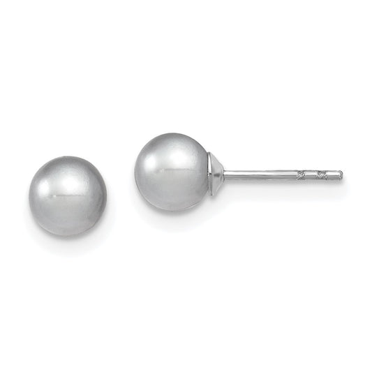 Rhodium-plated Sterling Silver 5-6mm Grey FWC Round Pearl Stud Earrings