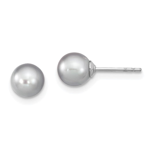 Rhodium-plated Sterling Silver 6-7mm Grey FWC Round Pearl Stud Earrings