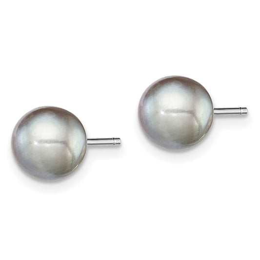 Rhodium-plated Silver 7-8mm Grey FWC Round Pearl Stud Earrings