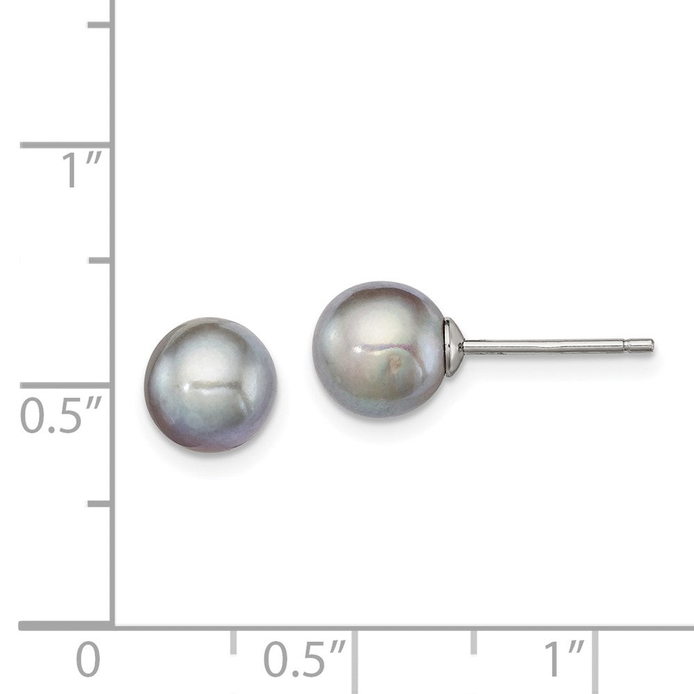 Rhodium-plated Silver 7-8mm Grey FWC Round Pearl Stud Earrings