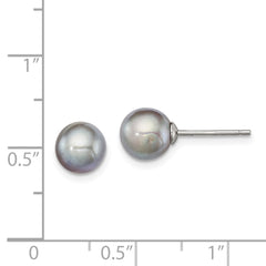 Rhodium-plated Silver 7-8mm Grey FWC Round Pearl Stud Earrings