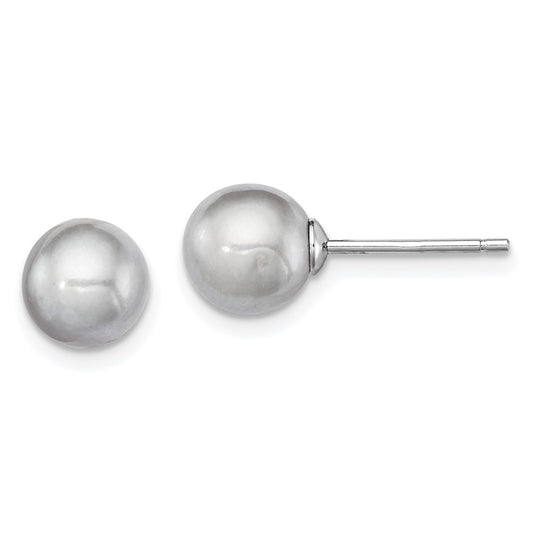Rhodium-plated Silver 7-8mm Grey FWC Round Pearl Stud Earrings