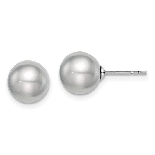 Rhodium-plated Silver 8-9mm Grey FWC Round Pearl Stud Earrings