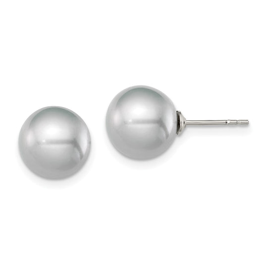 Rhodium-plated Silver 9-10mm Grey FWC Round Pearl Stud Earrings