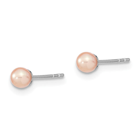 Rhodium-plated Sterling Silver 3-4mm Pink FWC Round Pearl Stud Earrings