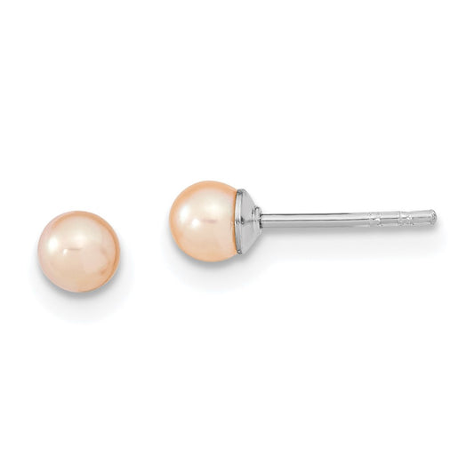 Rhodium-plated Sterling Silver 3-4mm Pink FWC Round Pearl Stud Earrings