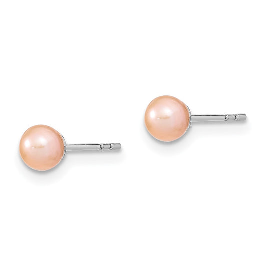 Rhodium-plated Sterling Silver 4-5mm Pink FWC Round Pearl Stud Earrings