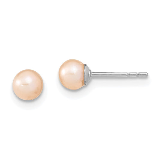 Rhodium-plated Sterling Silver 4-5mm Pink FWC Round Pearl Stud Earrings