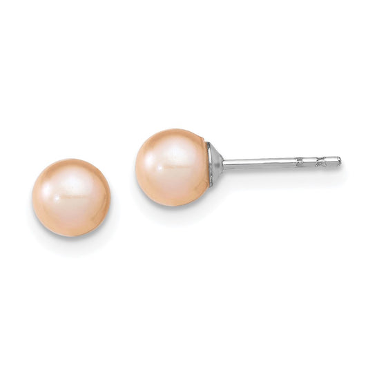 Rhodium-plated Sterling Silver 5-6mm Pink FWC Round Pearl Stud Earrings